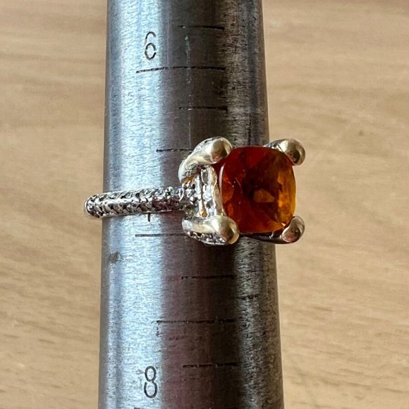 VINTAGE  DESIGNER 14K YELLOW GOLD CHECKERBOARD CUT CITRINE PAVE DIAMOND RING - Picture 12 of 16